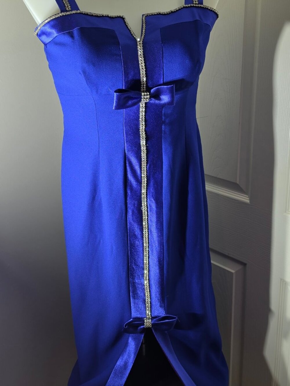 Vintage 80s Karen Lawrence by Matthew Royal Blue Satin Rhinestone Evening Gown